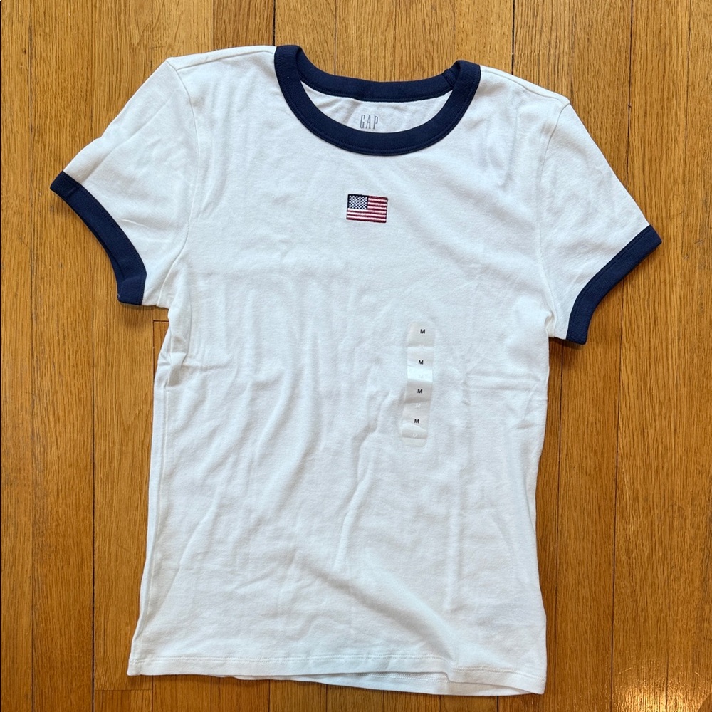 GAP White Tee with Navy Trim and Flag Embroidered